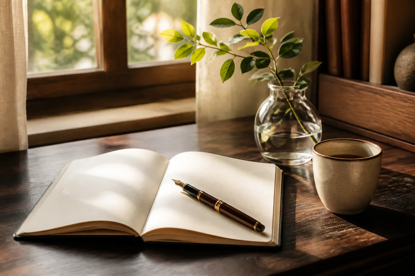 An open cream notebook, fountain pen and botanical branch on a sunlit wooden desk